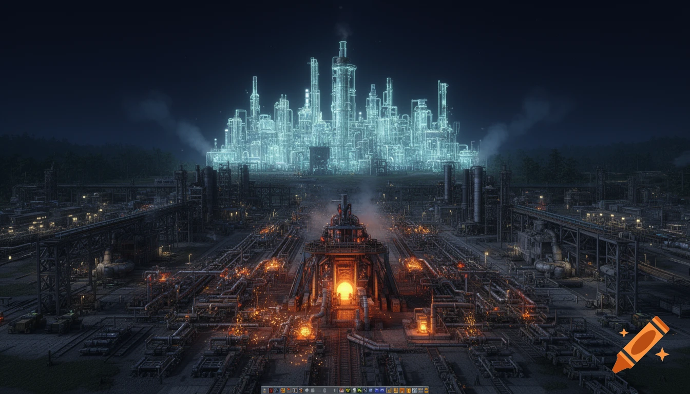 A futuristic industrial factory at night, with a glowing blue city-like structure in the background and a fiery orange processing plant in the foreground, surrounded by complex machinery.
