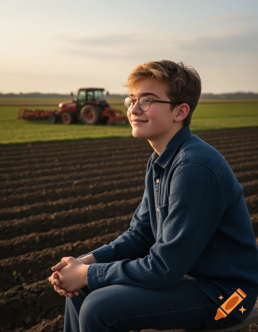 A young man with glasses and a denim shirt sits in a field with a blurred red tractor in the background at sunset.