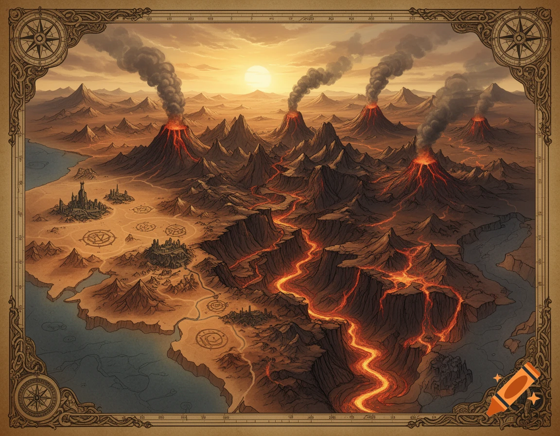 Fantasy map showing a desert continent with many smoking volcanoes, rivers of lava, several cities, and a coastline at sunset. Ornate compass roses decorate the corners.