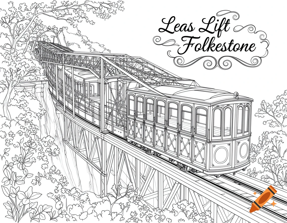 Black and white line art of the Leas Lift funicular railway in Folkestone, surrounded by trees, designed as a coloring page.