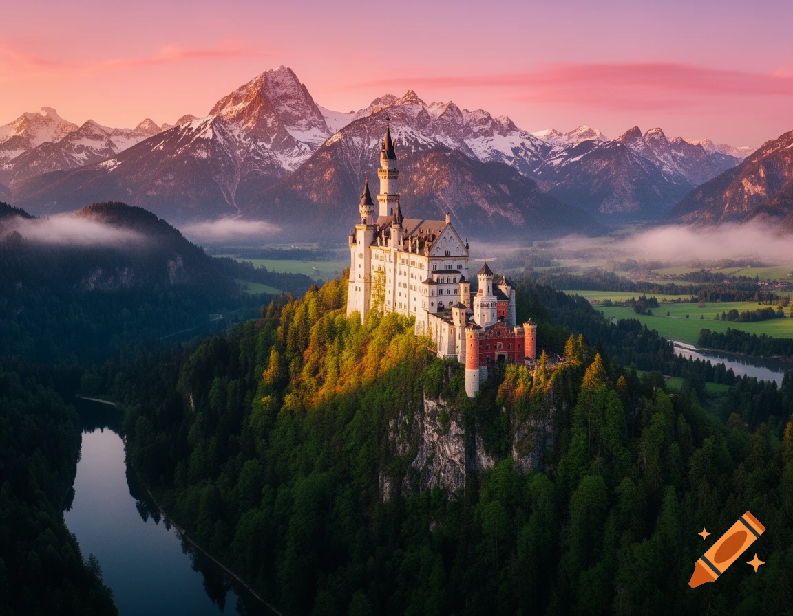 Neuschwanstein Castle on a forested hill at sunrise, surrounded by misty mountains and a river, with a pink sky.