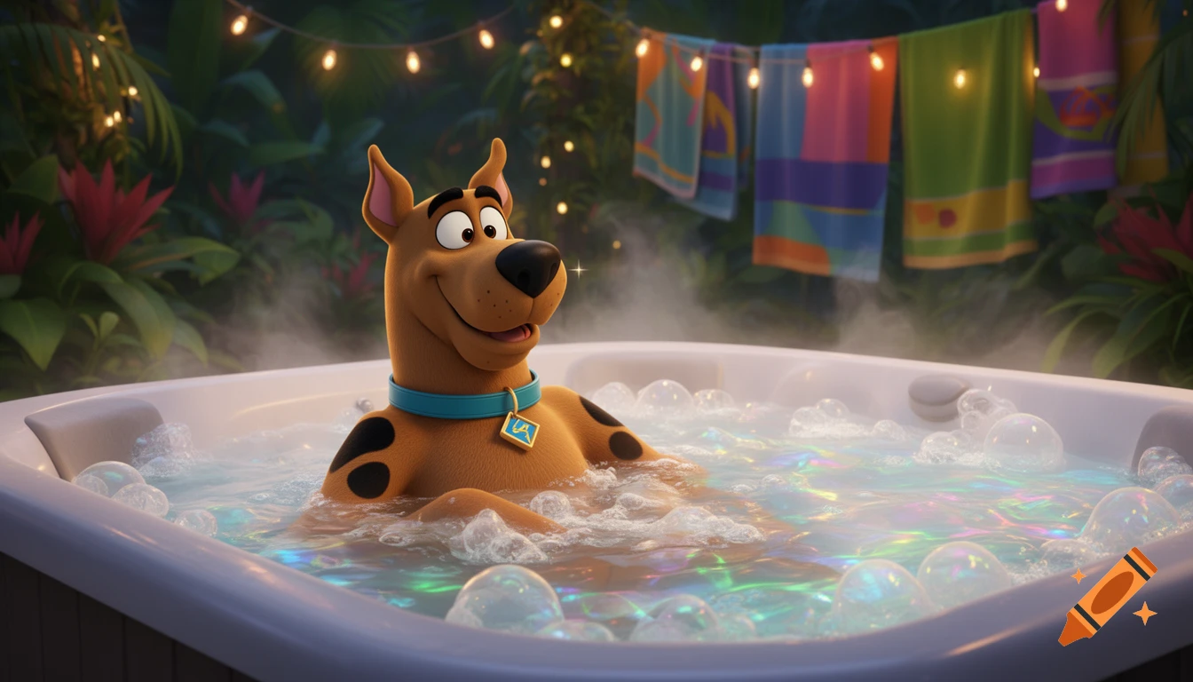 Scooby-Doo relaxing in a bubbly hot tub outdoors at night, surrounded by lush foliage and string lights in 3D animation.