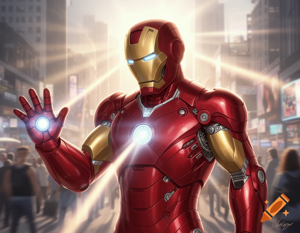 Iron Man in his red and gold suit stands in a sunny city street with glowing repulsors in his hand and chest.