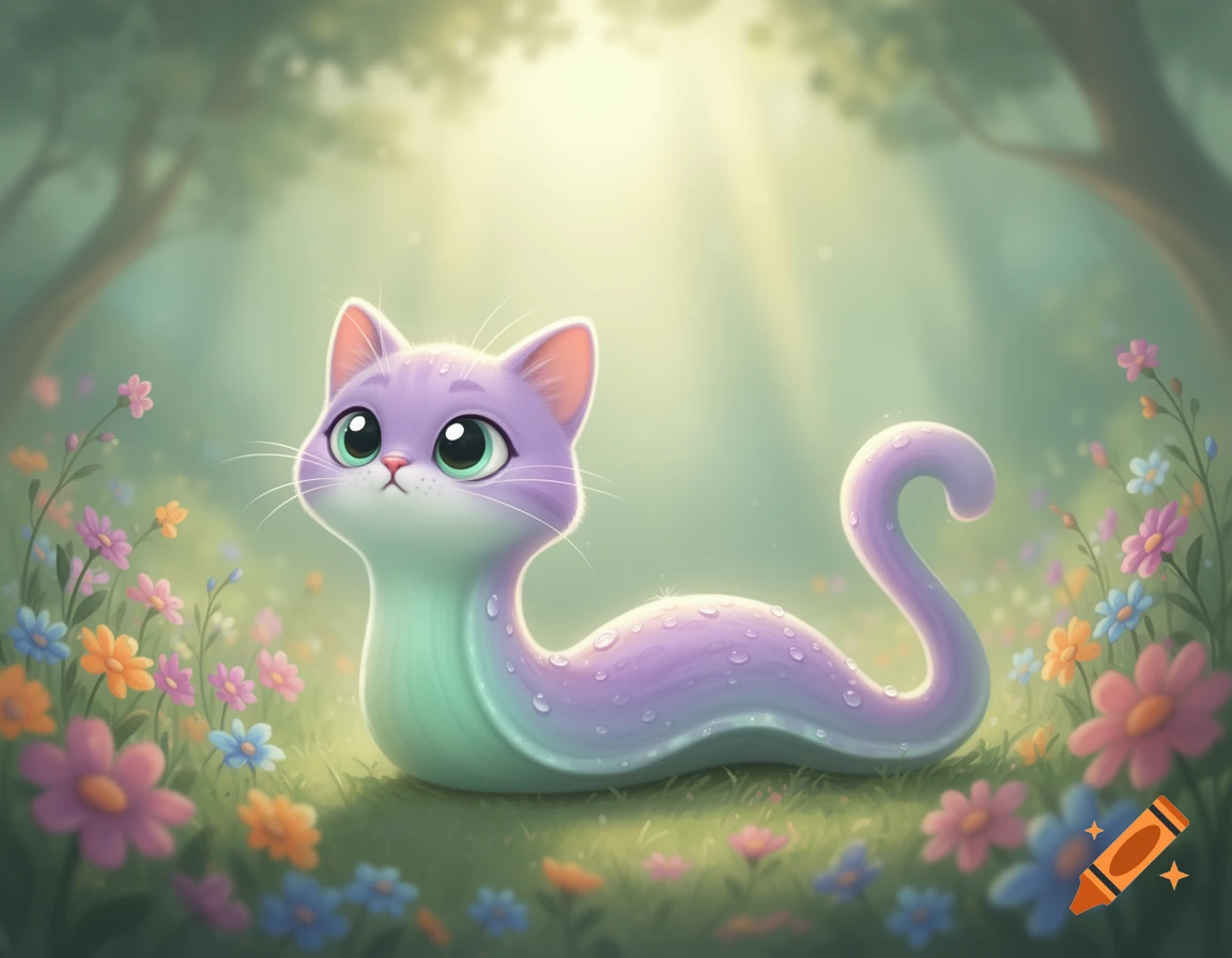 A cute purple and green cartoon cat-slug creature with big eyes sits in a grassy forest clearing filled with colorful flowers.