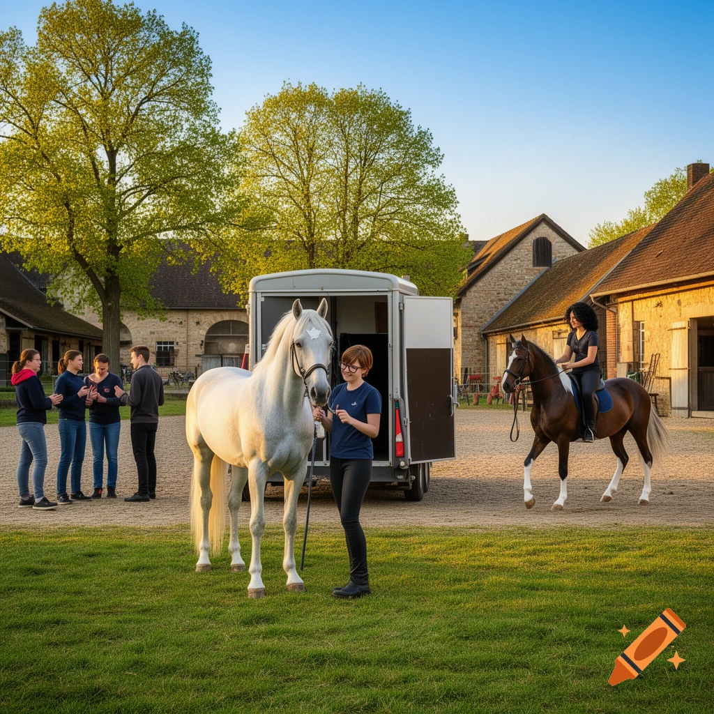 A white horse is being led by a young woman with glasses, while another woman rides a brown horse in a farmyard with stone buildings and trees. Other people gather in the background.