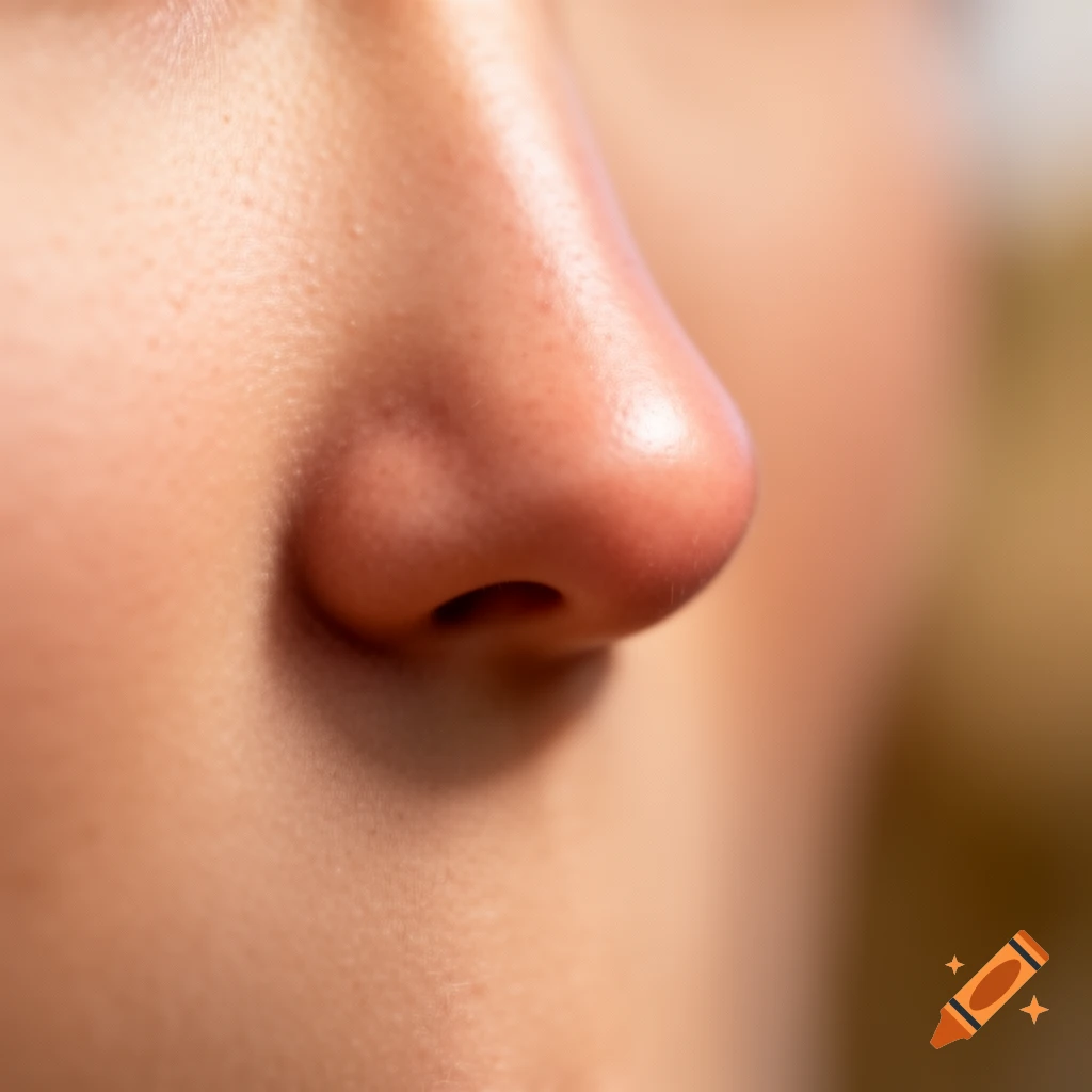 A close-up, side profile shot of a human nose with visible skin texture, in a photorealistic style.