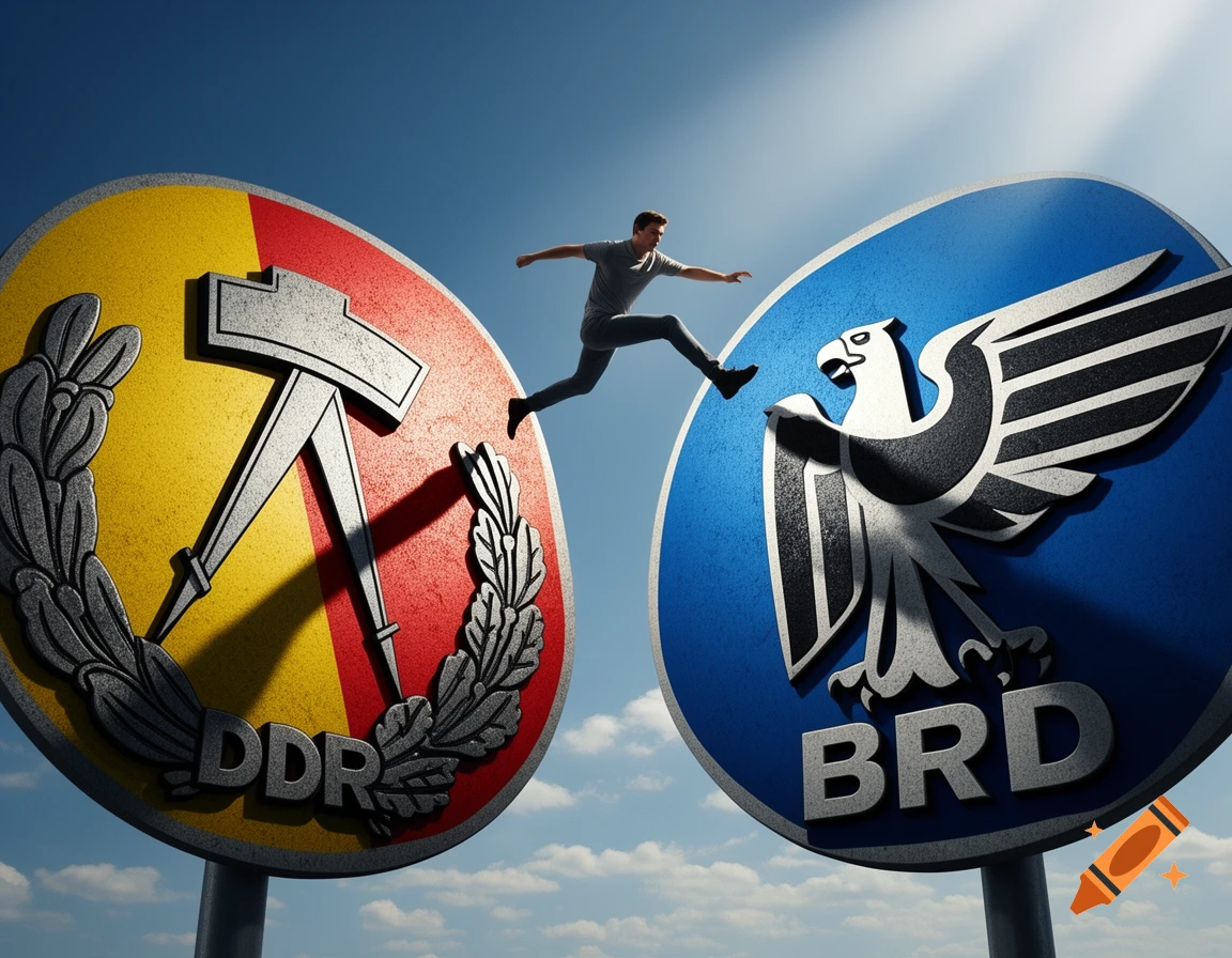 A person jumps between a yellow and red emblem with 'DDR' and a blue emblem with an eagle and 'BRD' against a blue sky.