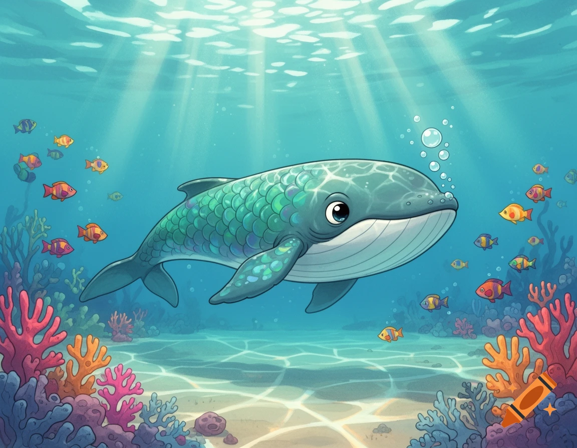A vibrant cartoon of a whale with fish and colorful coral on the seabed, illuminated by sunrays in blue water.