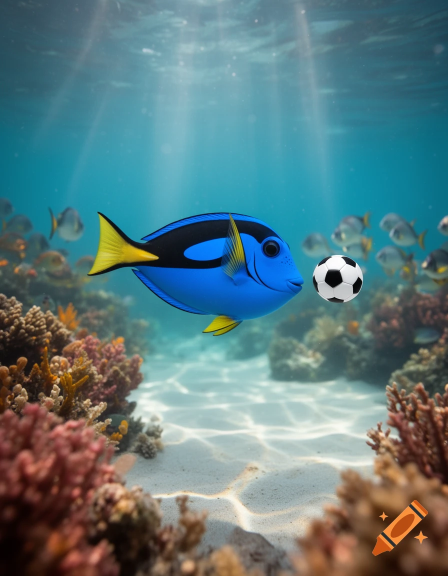 A blue tang fish resembling Dory looks at a soccer ball in a vibrant coral reef with sun rays shining through the water.