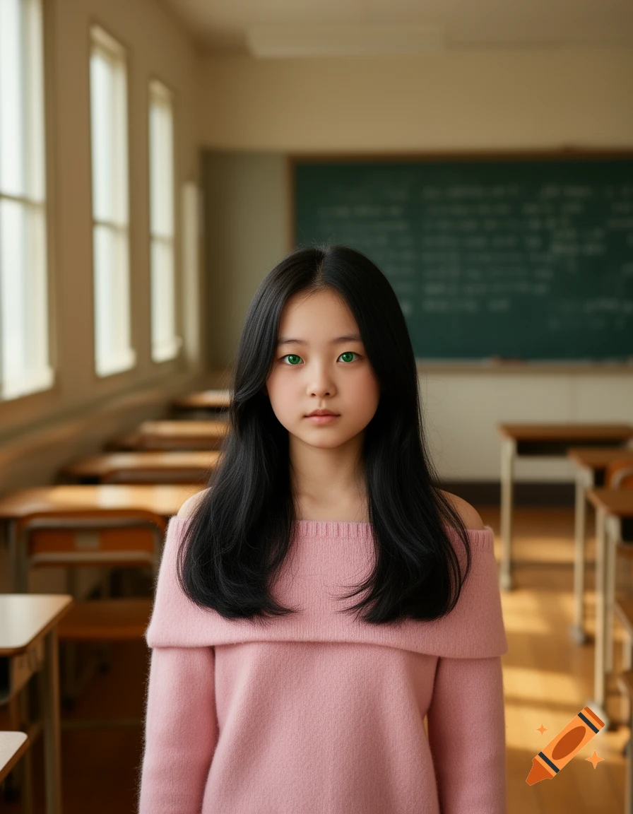 A young Korean girl with long black hair and green eyes wears a pink off-shoulder sweater in a classroom.