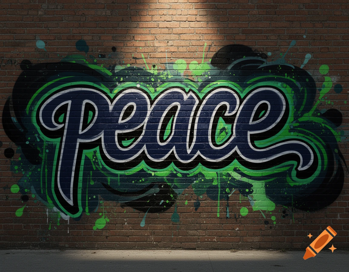 Colorful graffiti of 'Peace' in blue, green, black, and white on a brick wall with a spotlight.