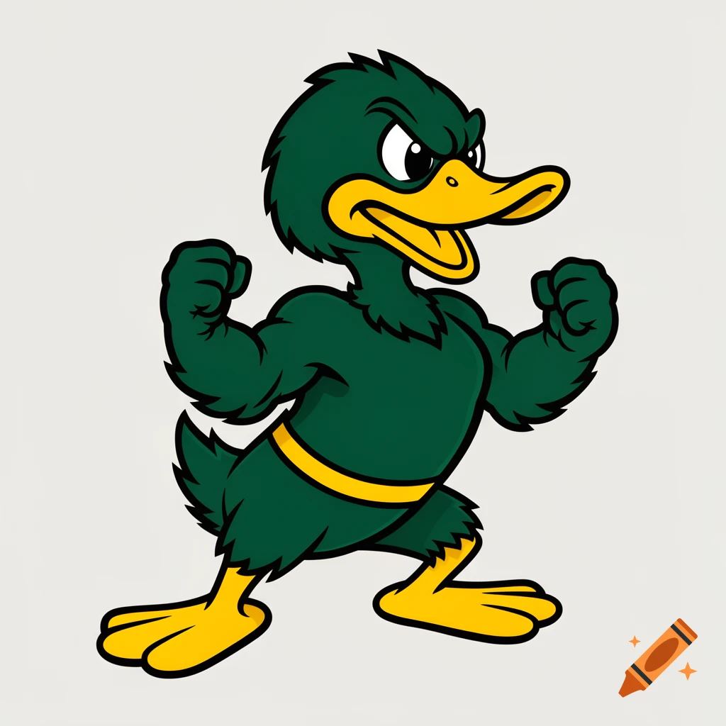A cartoon duck mascot, green with a yellow beak and feet, flexing its biceps and fists with an angry expression.