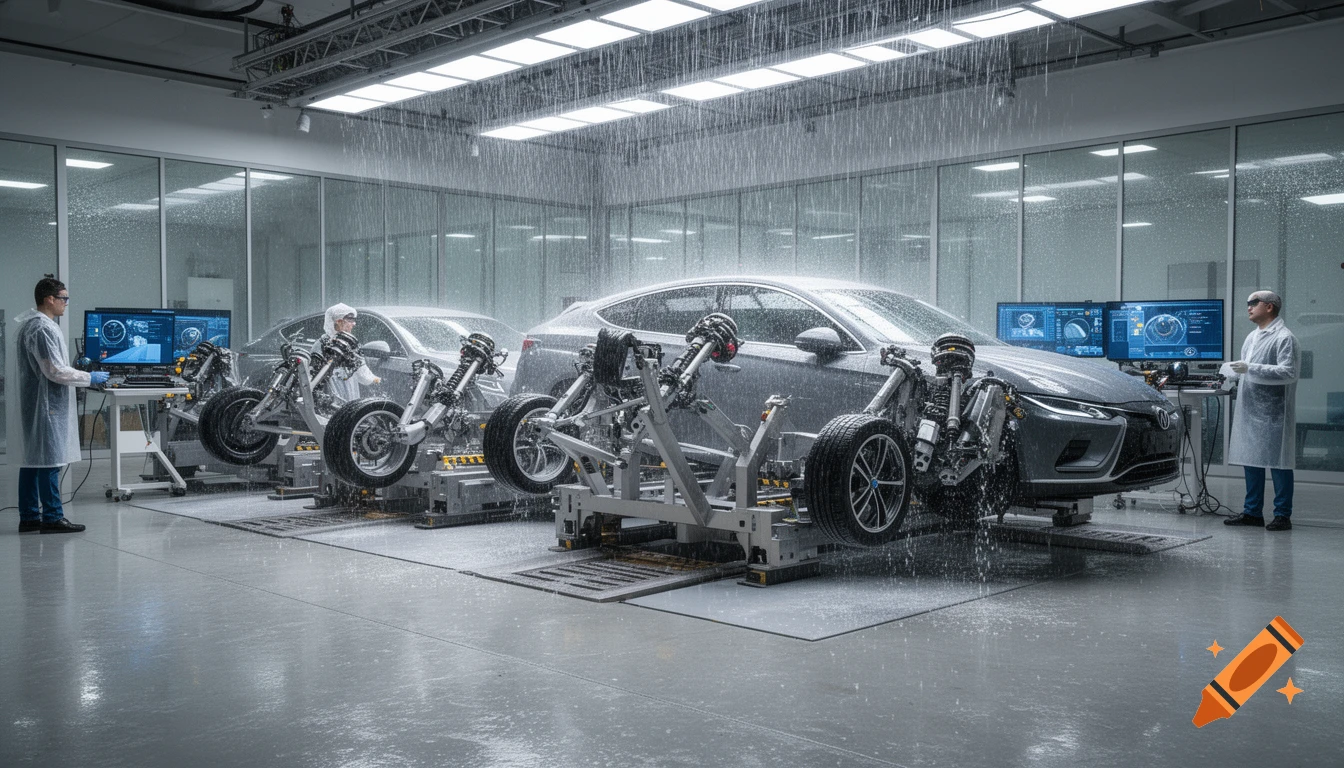 Photorealistic image of cars on testing rigs in an indoor automotive facility, undergoing a rain test with engineers monitoring data on screens.