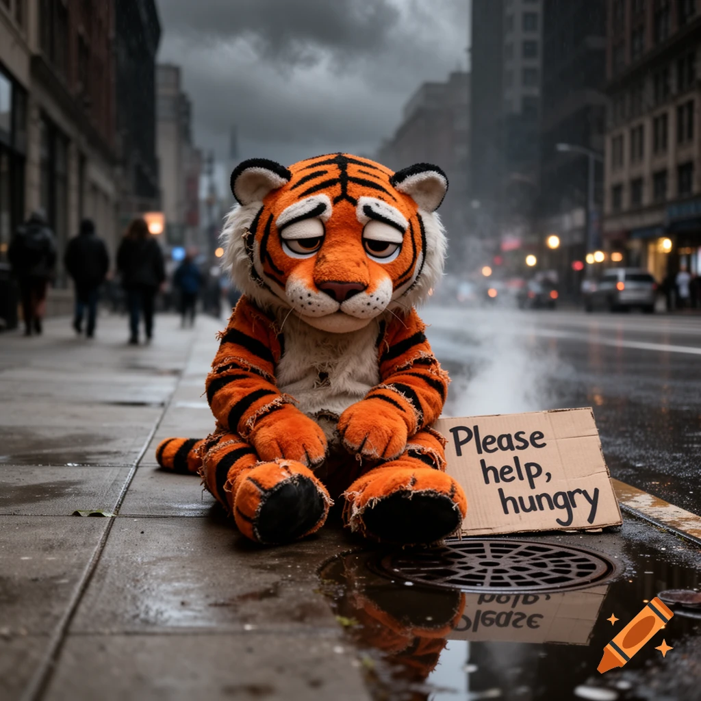 A sad, torn tiger mascot sits on a wet city sidewalk, holding a sign that reads 'Please help, hungry.' The street is dark and blurry in the background.