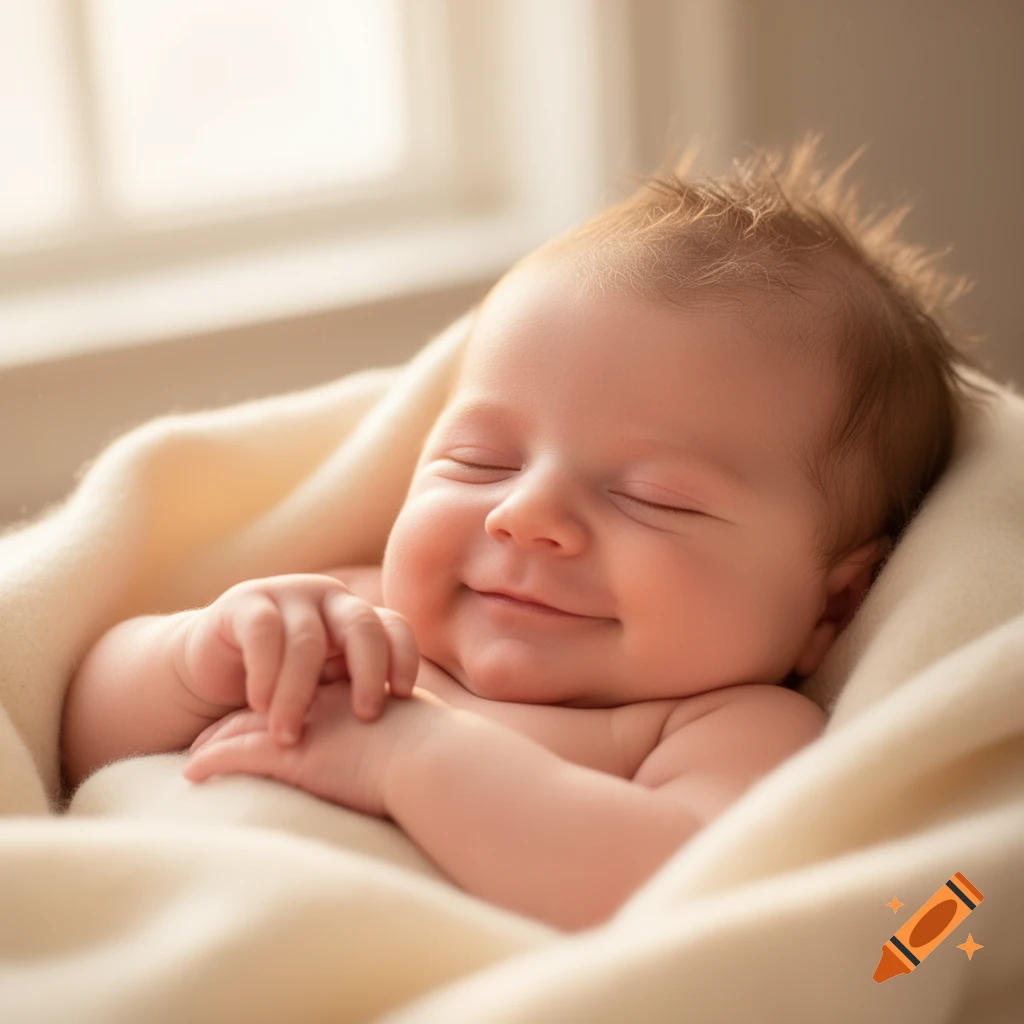 A newborn baby is swaddled in a soft beige blanket, smiling peacefully with eyes closed while sleeping in warm light.