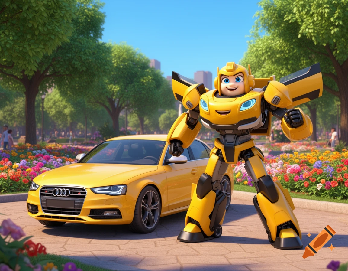 A friendly yellow cartoon robot with black accents stands next to a matching yellow sports car in a vibrant park setting.
