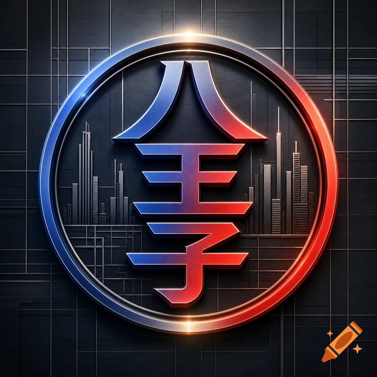 Metallic red and blue gradient logo with Japanese characters '八王子' inside a glowing ring, over a dark grid and cityscape.