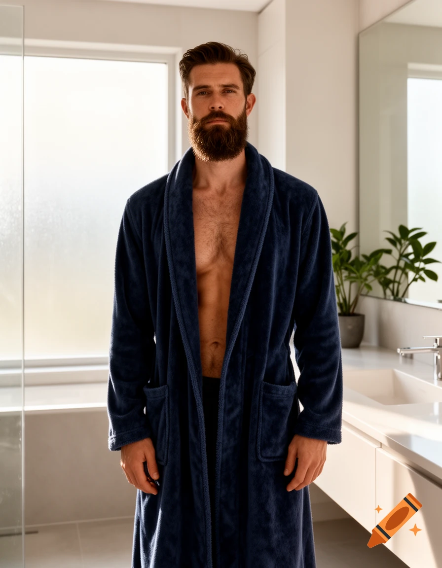 A bearded man in a dark blue bathrobe stands in a bright, modern bathroom, looking directly at the viewer.