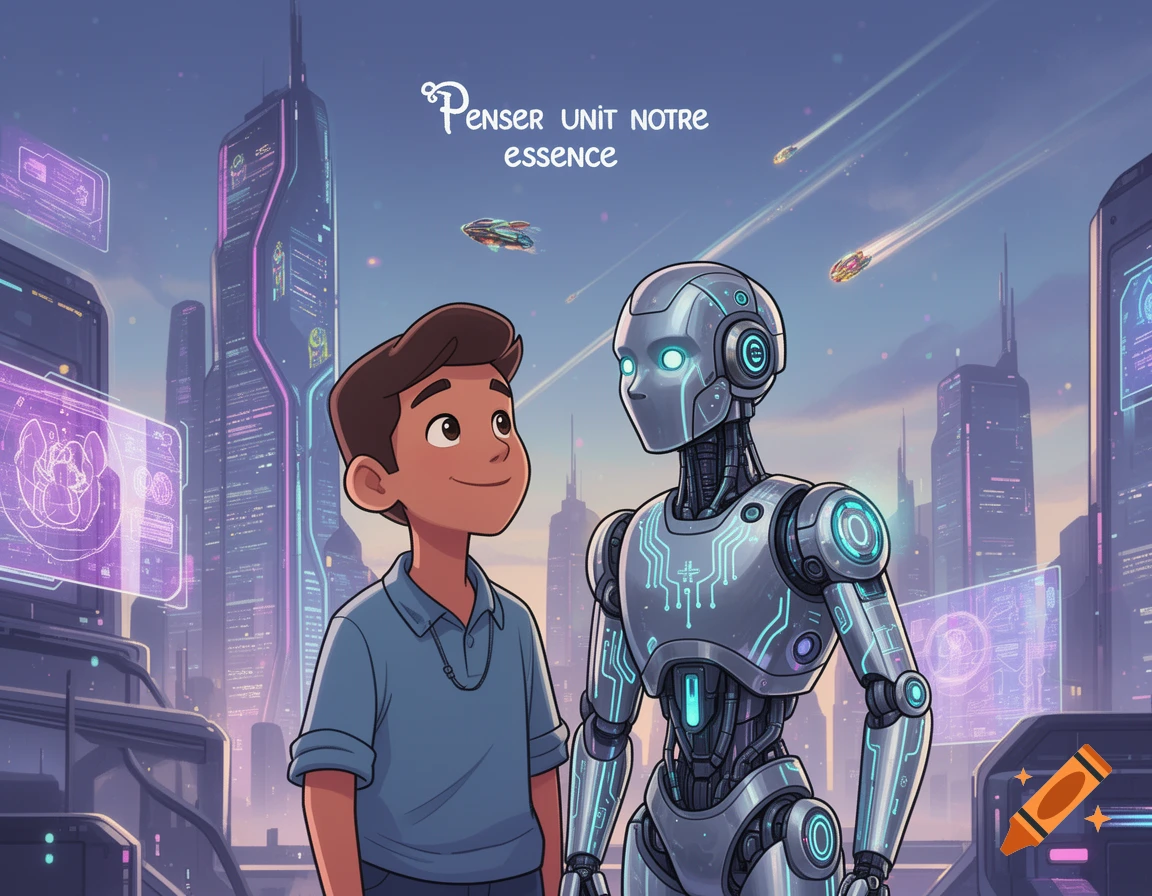 Cartoon boy and robot stand in a futuristic city with glowing buildings, flying vehicles, and the text "Penser unit notre essence".