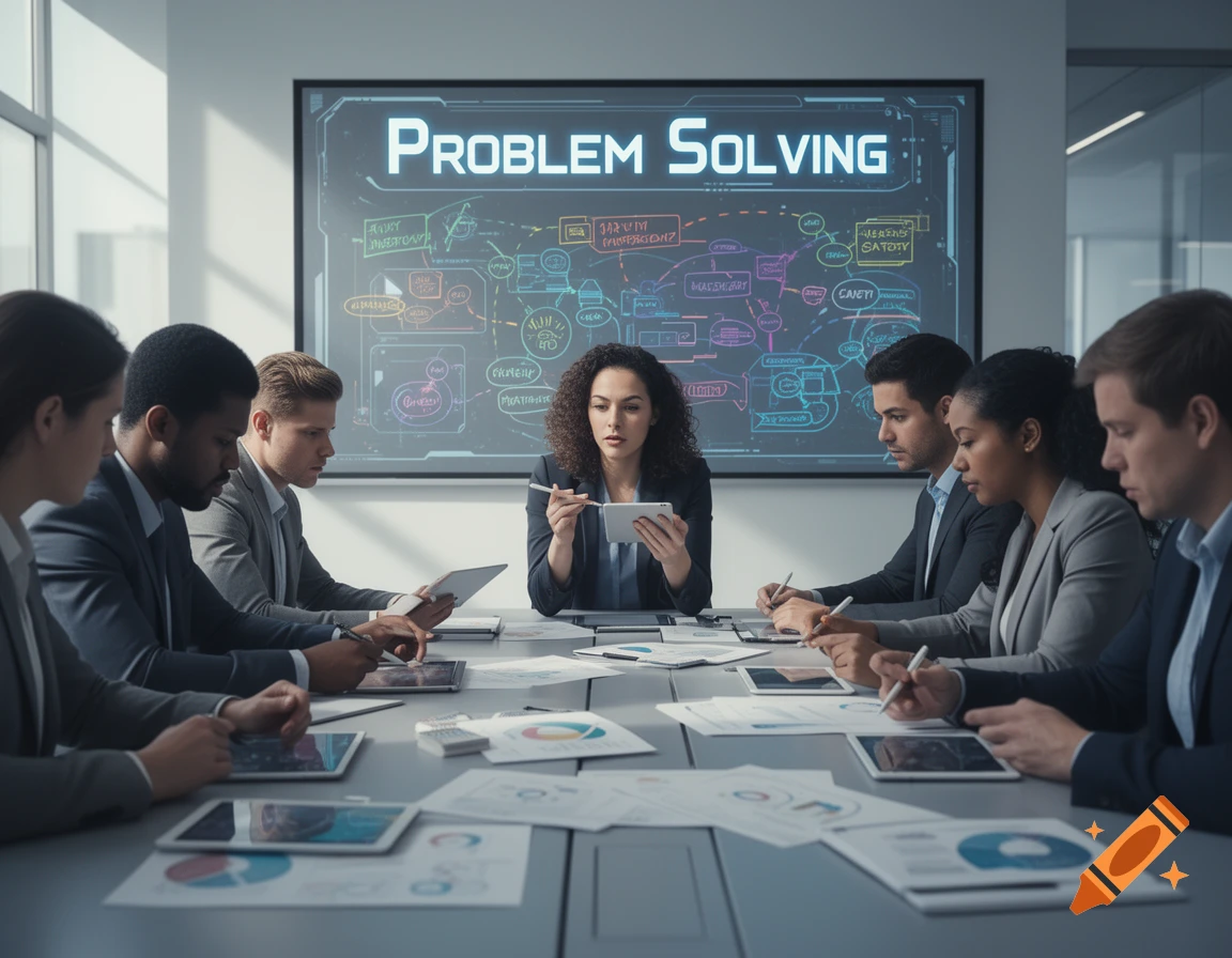 A diverse group of professionals in suits sitting around a table in a modern conference room, looking at tablets and taking notes. A large screen behind them displays 'PROBLEM SOLVING' and a complex, glowing diagram.