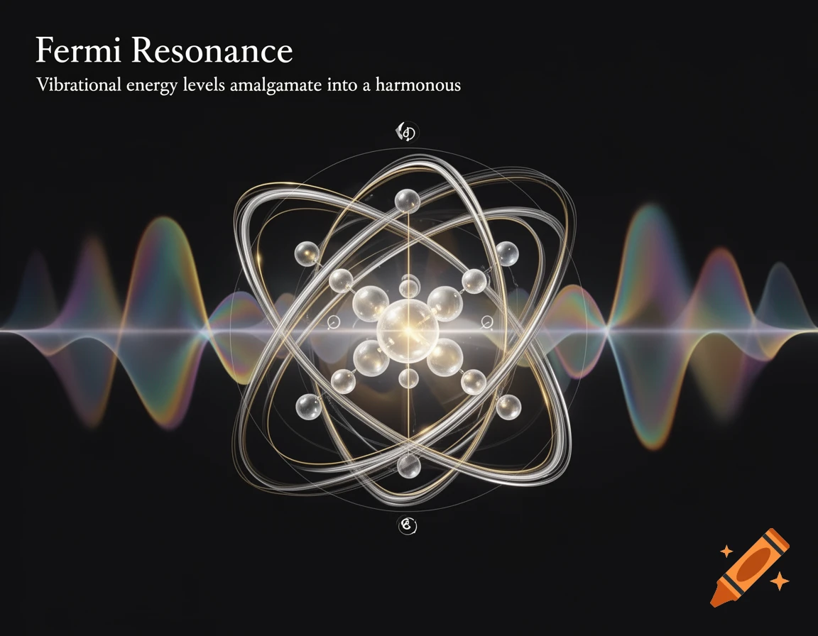 Abstract illustration of Fermi Resonance, showing a glowing atomic structure with orbits and translucent spheres, surrounded by colorful waves on a dark background.