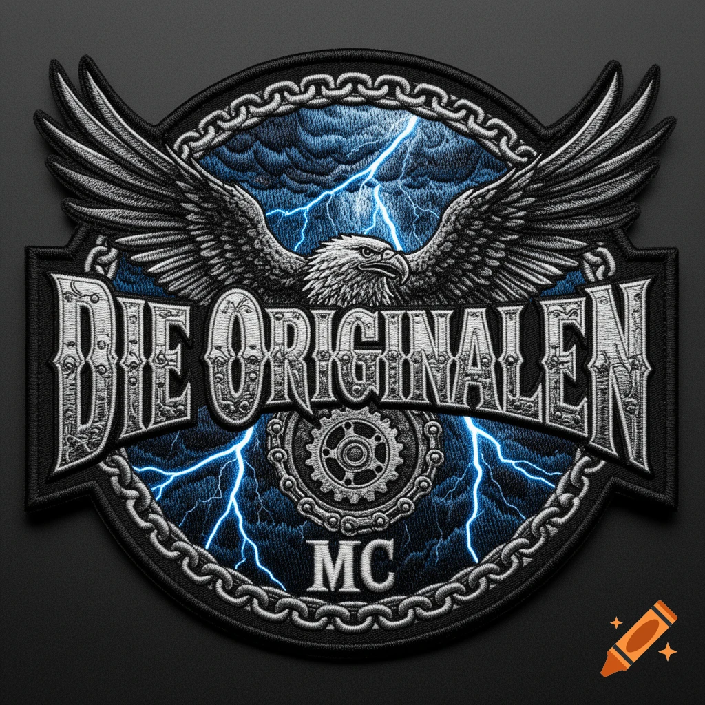 Embroidered motorcycle patch with an eagle, lightning, chains, gears, and text 'DIE ORIGINALEN MC'.