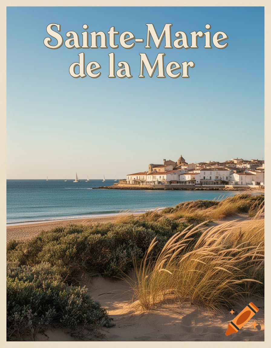 Photorealistic image of Sainte-Marie de la Mer, featuring a sandy beach, calm sea, and a white-building town with sailboats.