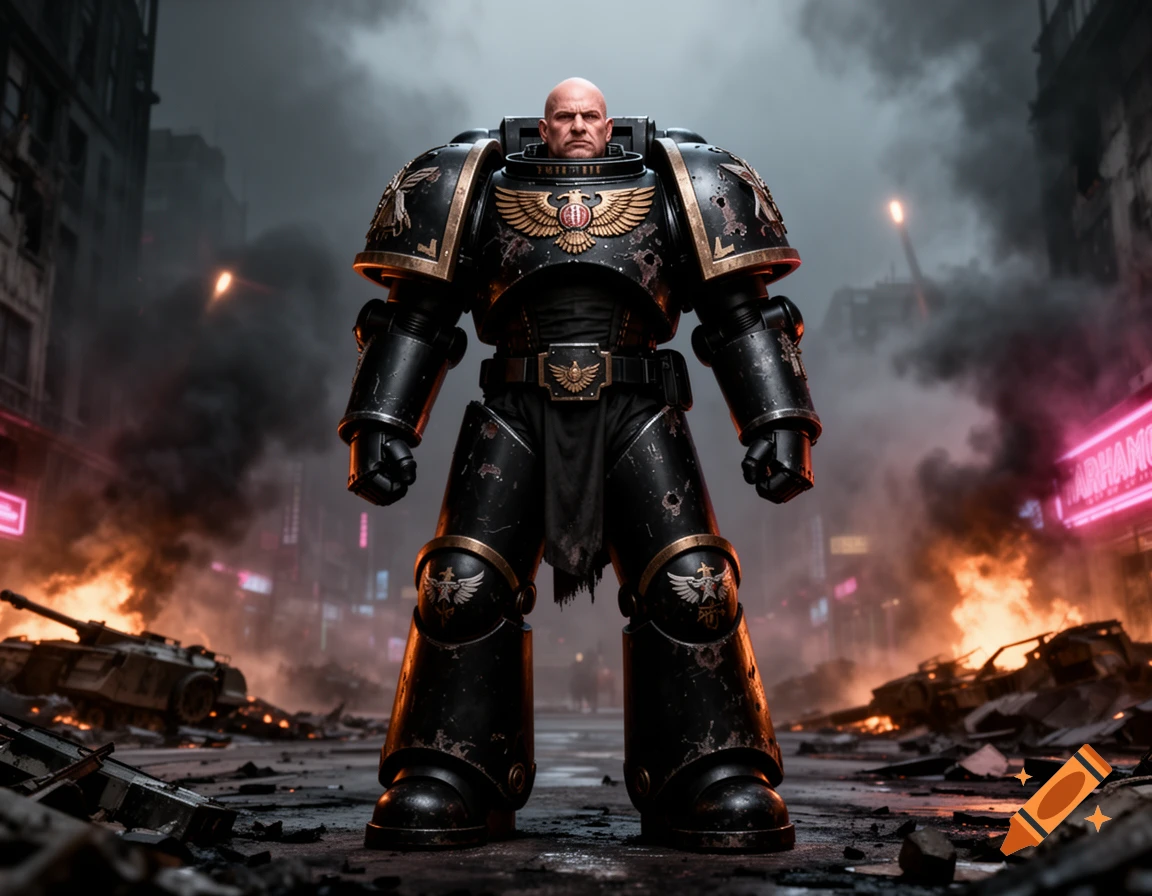 A bald human in black power armor stands menacingly in a war-torn city street with burning debris and smoke, with neon signs in the background.