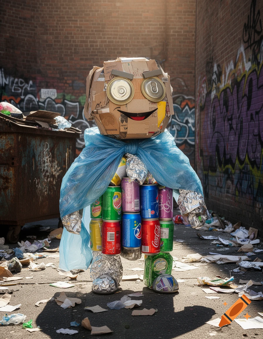 A character made of cardboard, soda cans, and plastic trash stands in a dirty alleyway covered in litter and graffiti, bathed in sunlight.