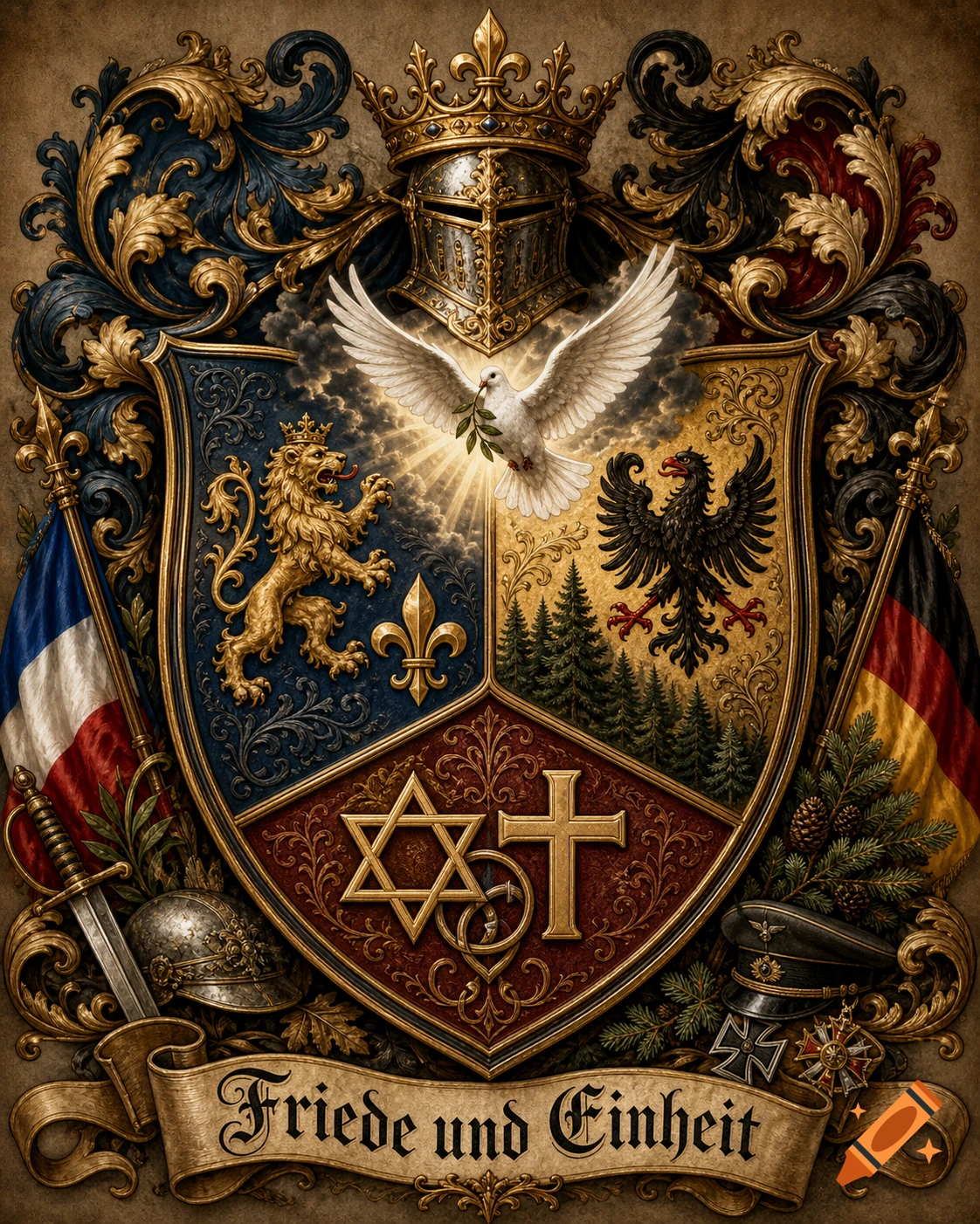 An ornate coat of arms with a central shield featuring a golden lion, a black eagle, a fleur-de-lis, Star of David, and Christian cross. A dove with an olive branch soars above the shield, topped by a crowned helmet. French and German flags, a sword, and military cap flank the shield. A banner below reads "Friede und Einheit" (Peace and Unity).