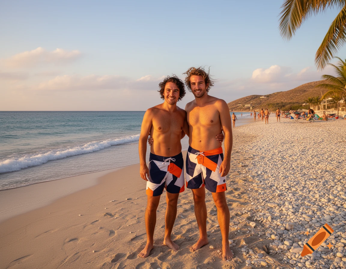 Two smiling men in colorful swim trunks standing on a sandy beach at sunset.