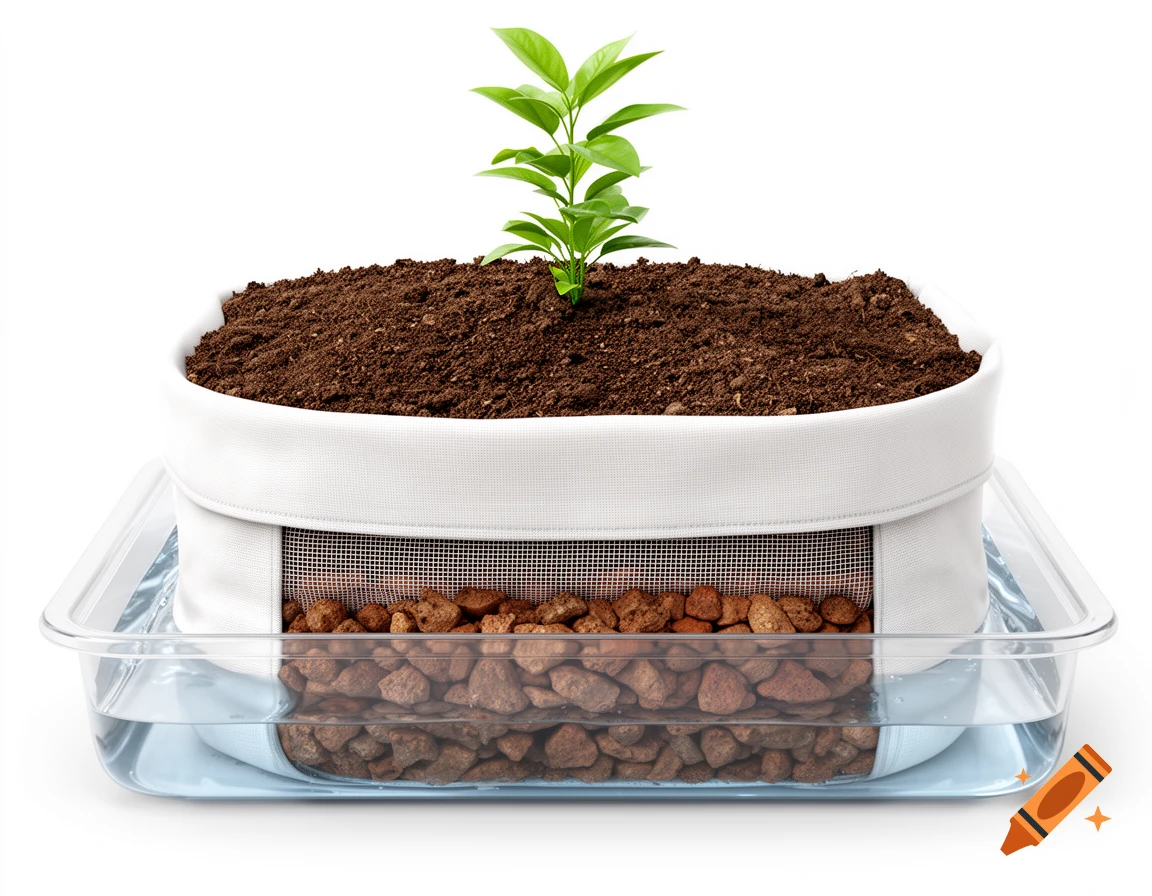 A realistic 3D cross-section diagram of a self-watering wicking planter with a small green plant, showing soil, mesh, stones, and water.