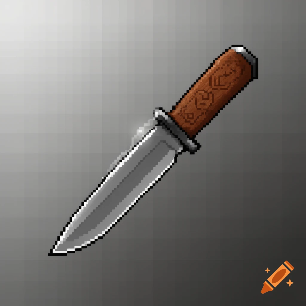 Pixel art image of a knife with a silver blade and a brown patterned handle, against a gray background.