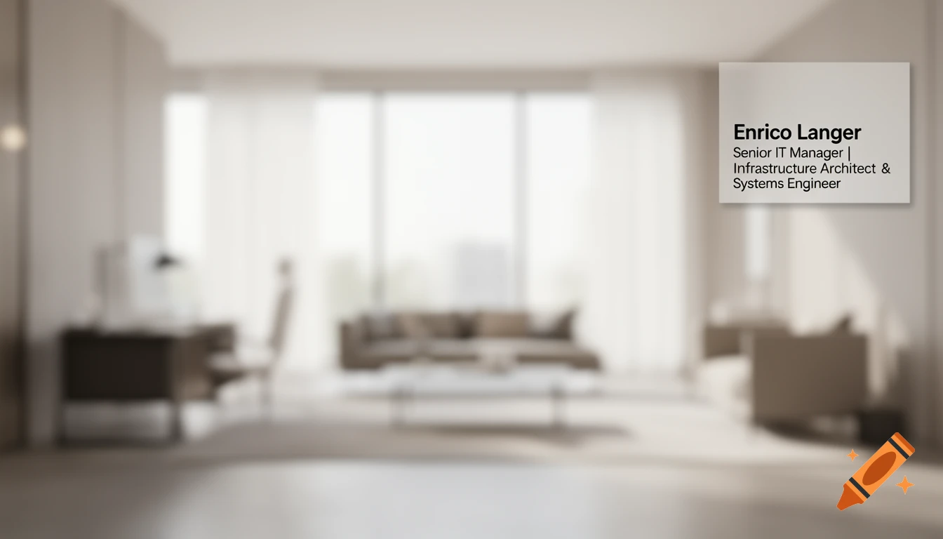Blurred modern minimalist office lounge interior with a text panel displaying 'Enrico Langer' and professional titles.