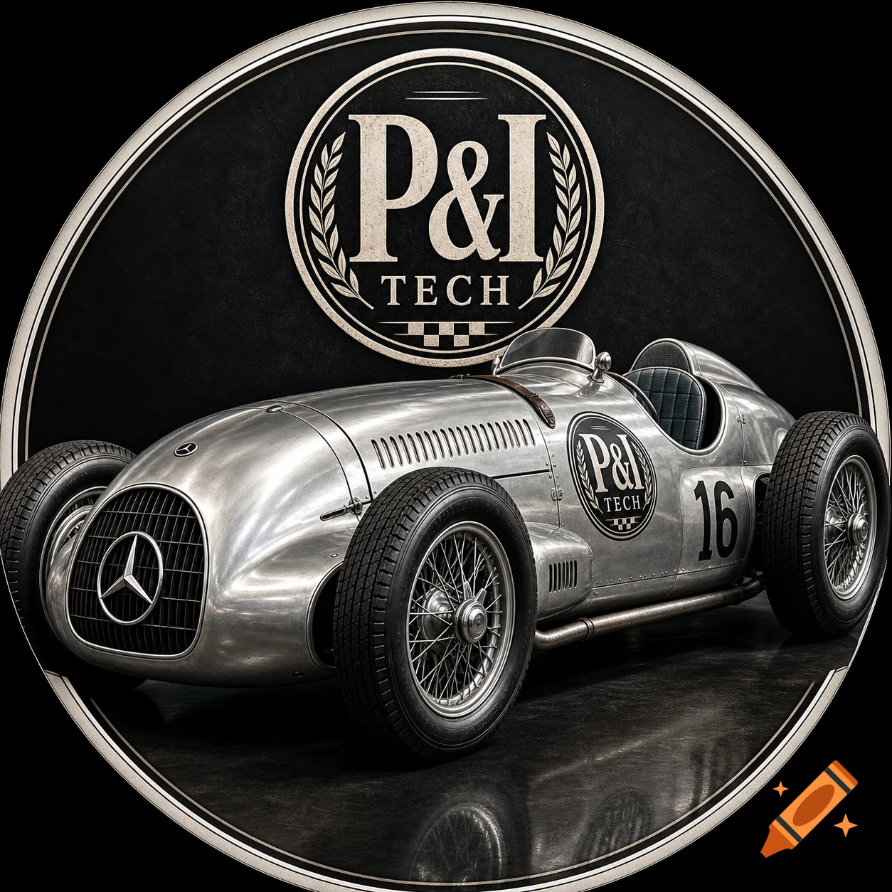 A photorealistic silver vintage racing car with P&I TECH logos and number 16, set within a black circular frame.