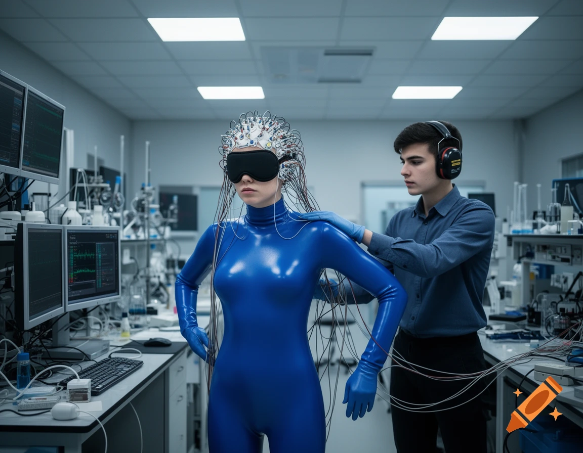 A woman in a blue latex suit, blindfold, and EEG cap stands in a science lab, attended by a man in headphones. Photorealistic.