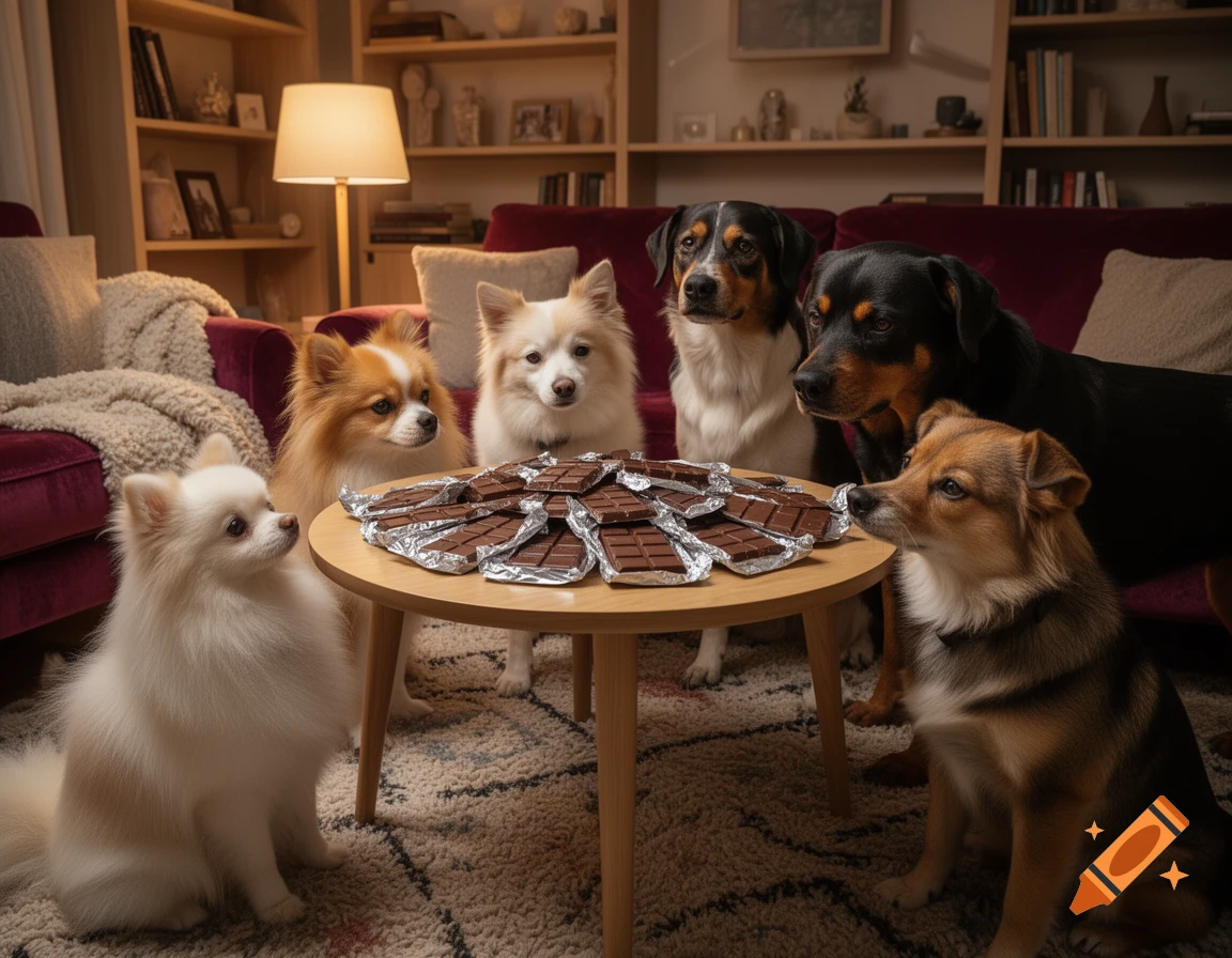 Five dogs gathered around a coffee table laden with chocolate bars in a cozy living room, photorealistic.