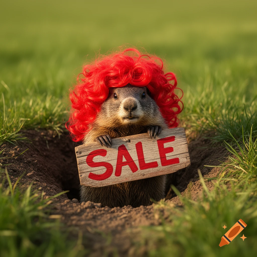 A cute groundhog wearing a bright red curly wig peeks out of a burrow, holding a wooden sign that says SALE.