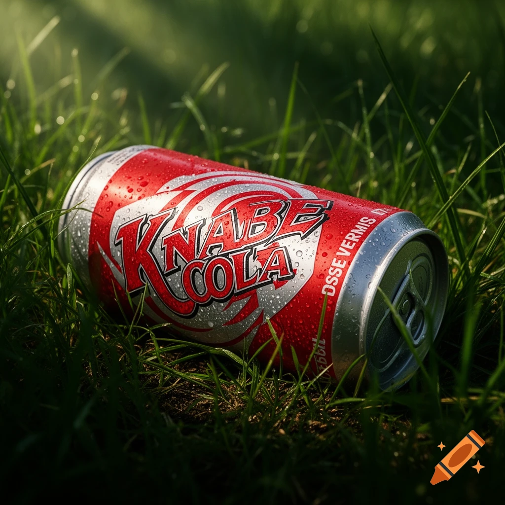 A red and silver soda can with "KNABE COLA" written on it lies on green grass, covered in water droplets.