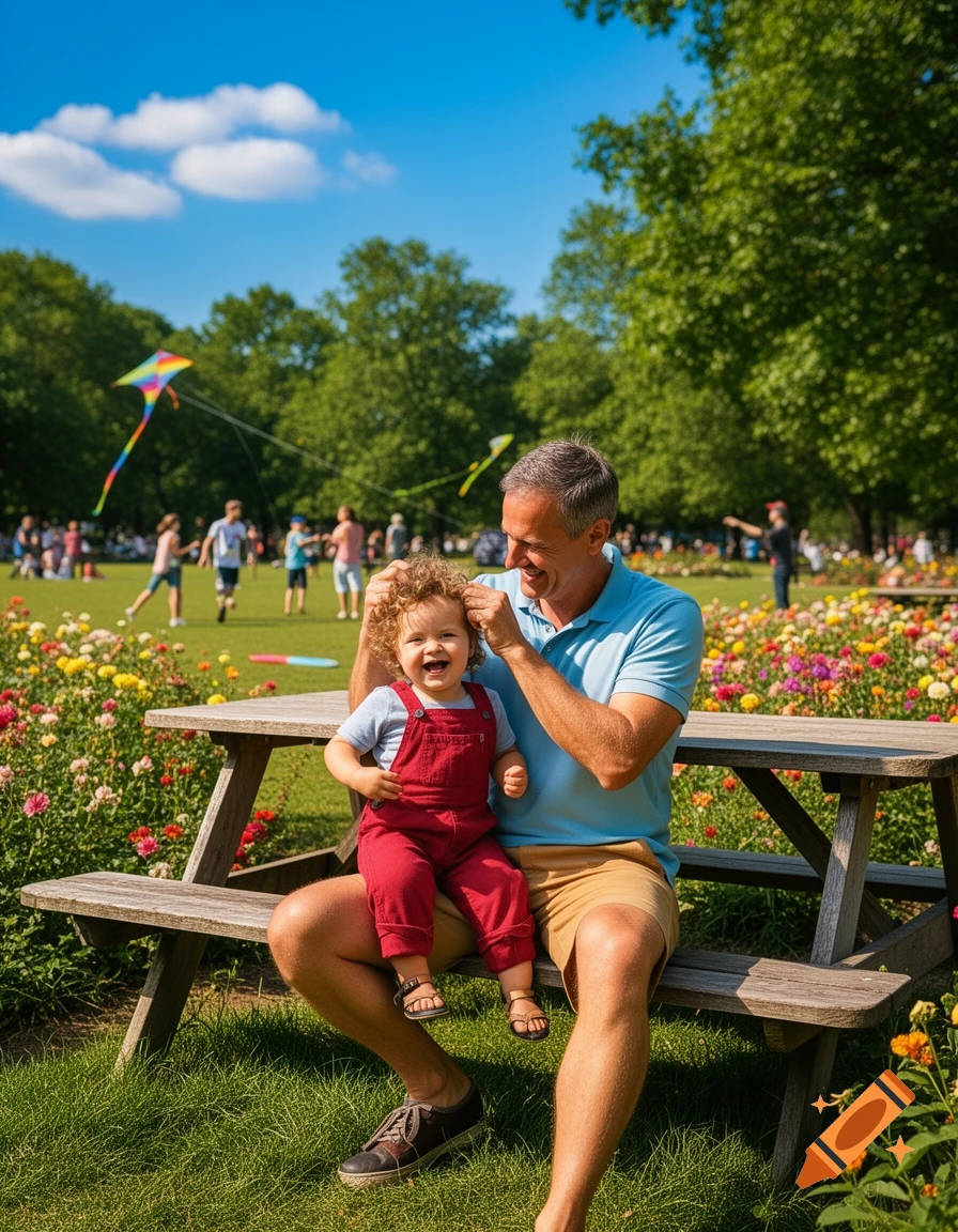 A smiling father and child sit on a picnic table in a sunny park with colorful flowers and kites flying in the background.