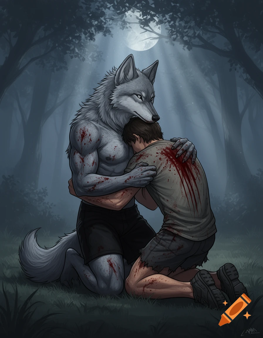 An anthropomorphic gray wolf with blood spatters, kneeling and hugging a human male also covered in blood in a moonlit forest.