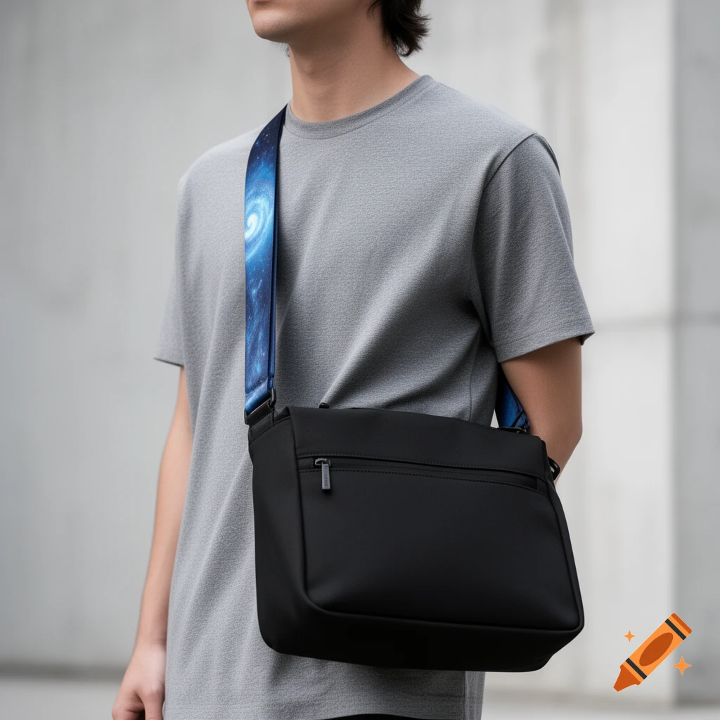 A person in a grey t-shirt carries a black messenger bag with a blue galaxy-print strap over their shoulder.