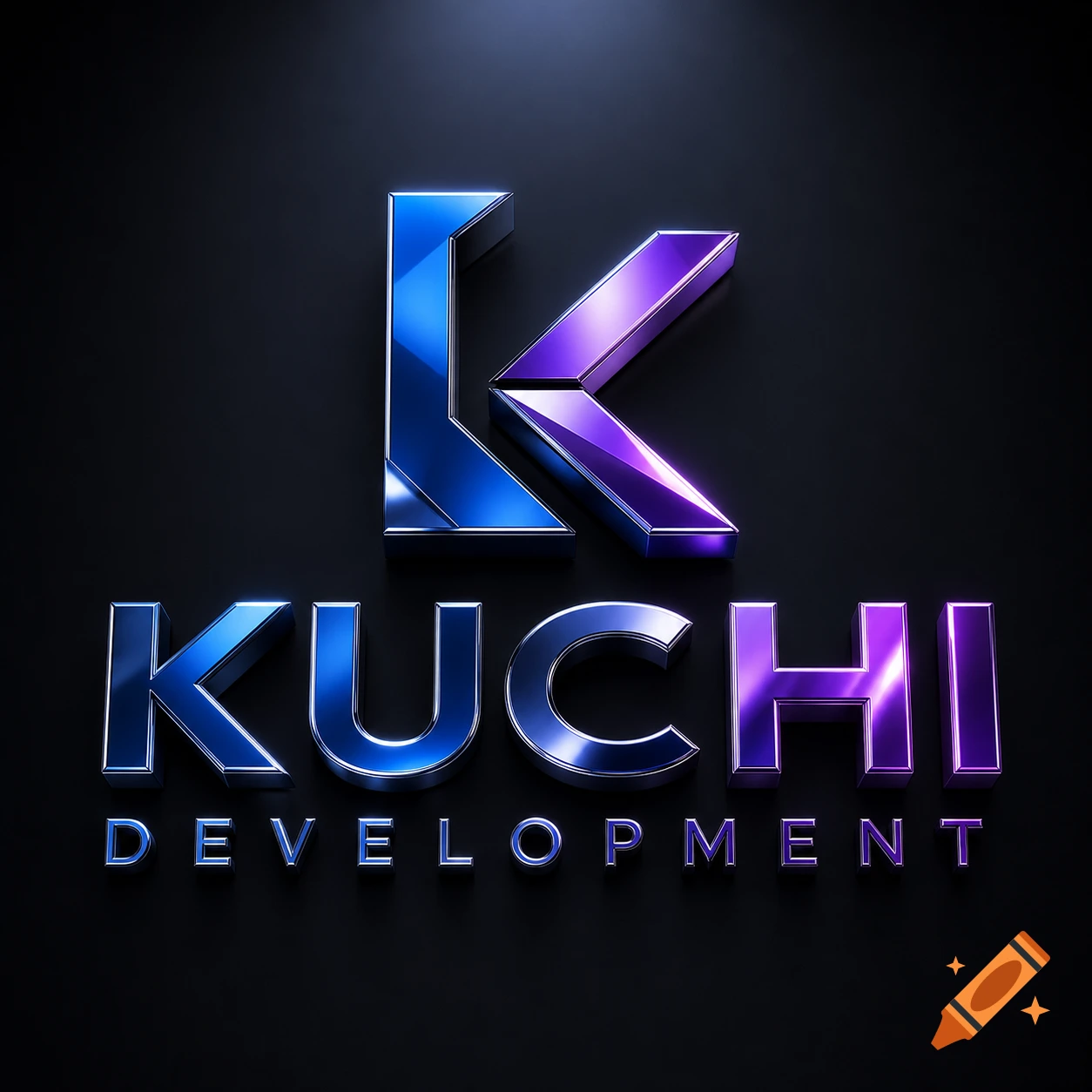 Glossy 3D metallic logo for 'KUCHI DEVELOPMENT' with a blue and purple gradient on a dark background.