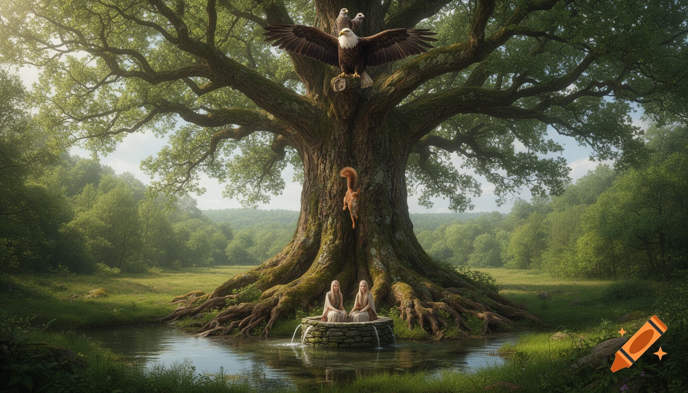 A colossal, ancient tree with sprawling roots by a stream, two women seated at a well, an eagle perched, and a squirrel climbing the trunk, set in a lush forest.
