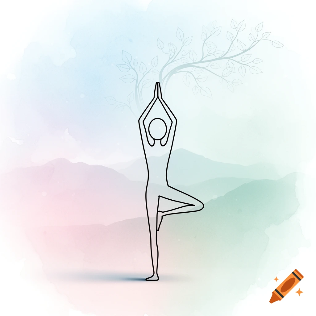 Line art of a person in a yoga tree pose against a soft pastel watercolor background with faint tree branches.