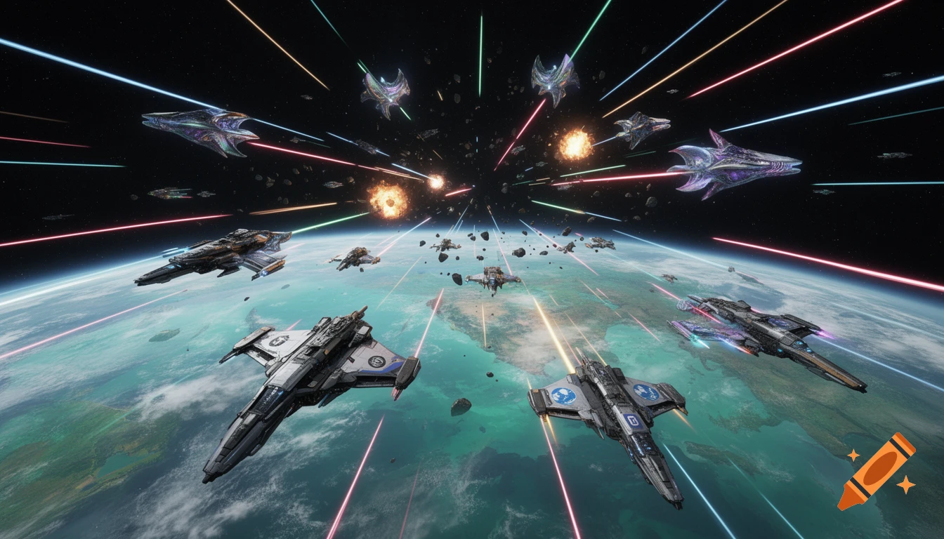 A detailed, epic space battle with many spacecraft firing laser beams and explosions above a vibrant green and blue alien planet.