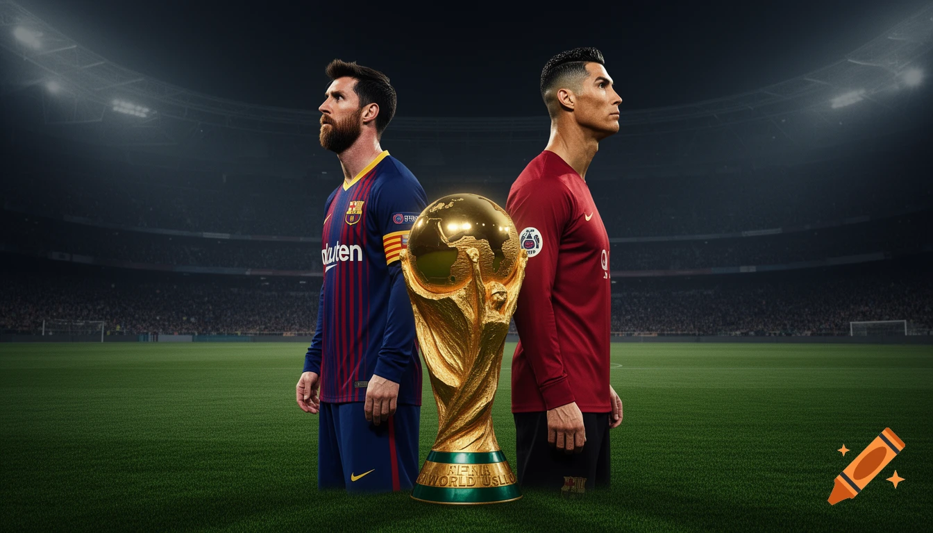Lionel Messi and Cristiano Ronaldo stand facing away from each other with a golden World Cup trophy between them in a dark stadium.