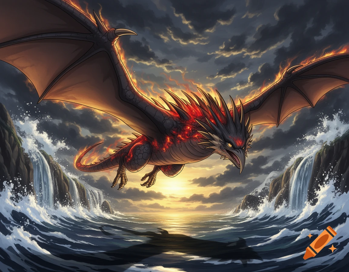 A large black dragon with fiery red scales and prominent wings flies above a stormy ocean with waterfalls, under a dramatic, cloudy sunset sky.