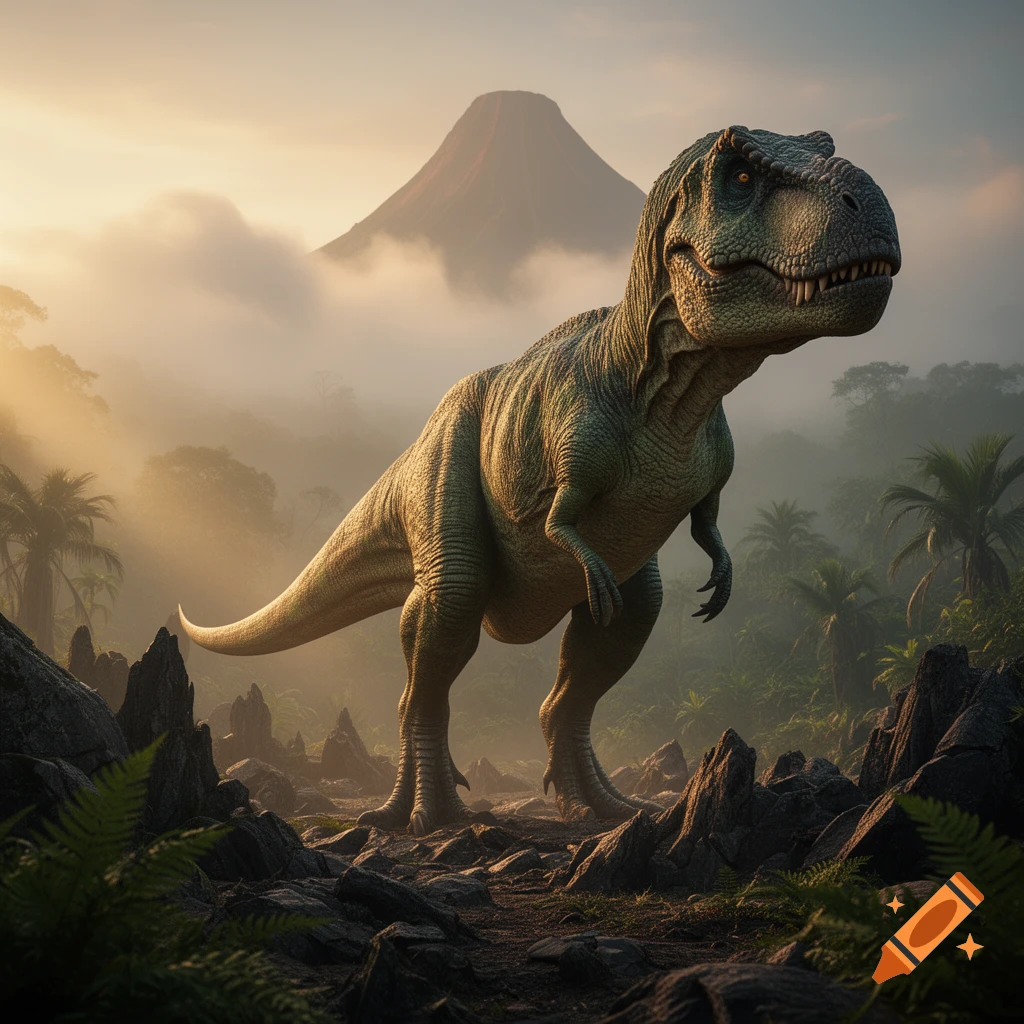 A photorealistic T-Rex stands on rocky ground in a misty jungle with a volcano at sunrise.