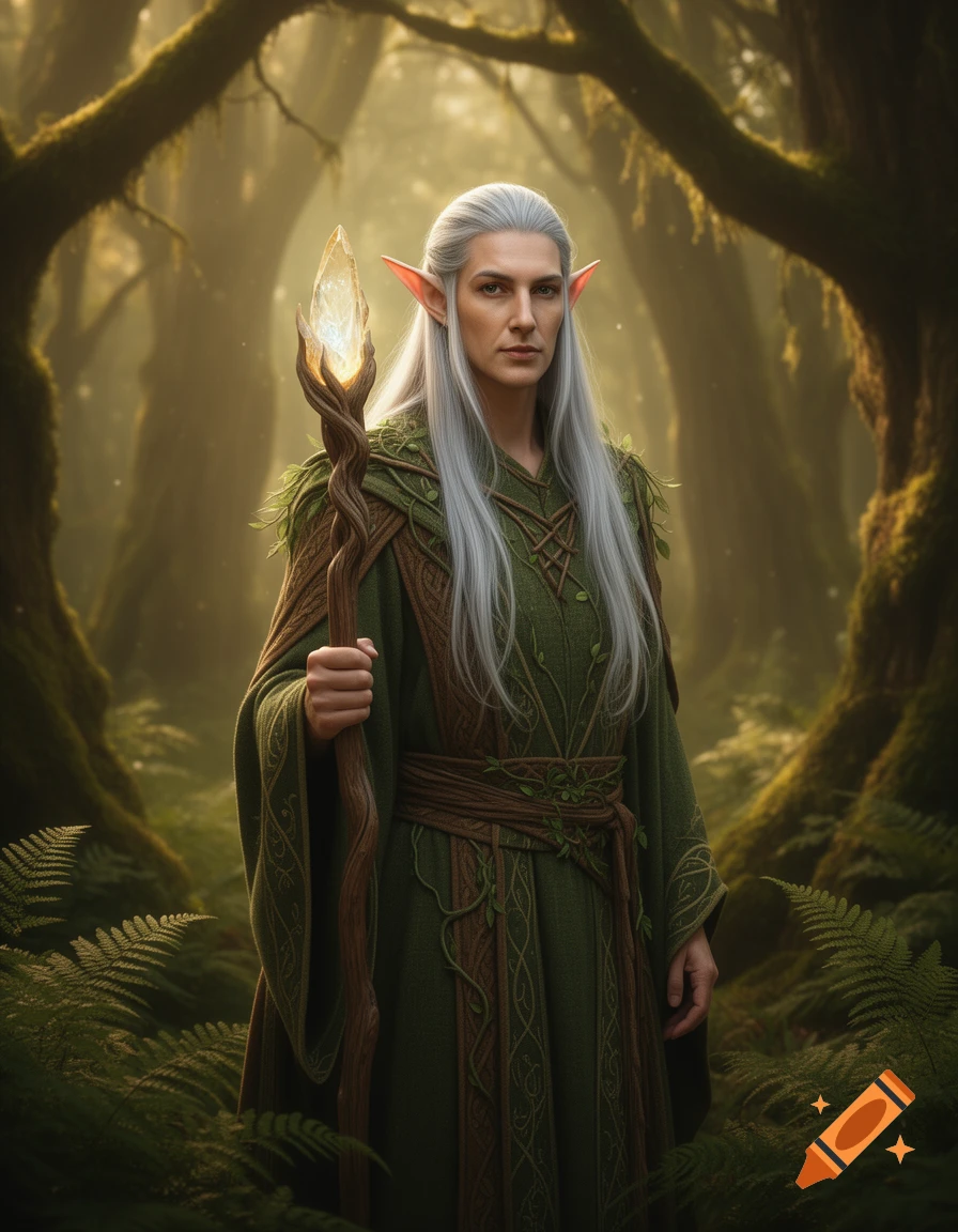 A silver-haired elf druid with pointed ears wears green robes and holds a glowing crystal staff in a mystical forest.